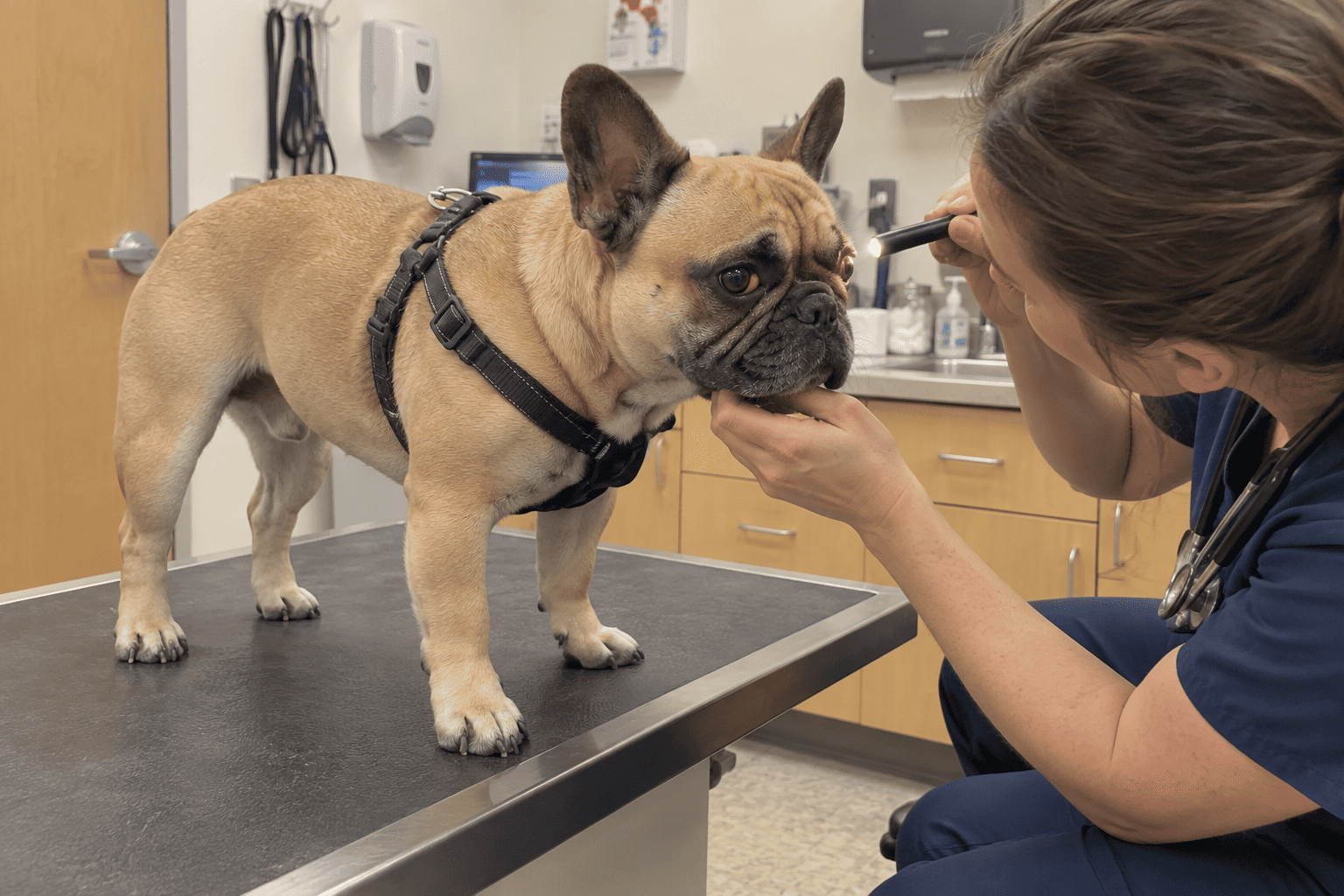 Veterinár kontroluje oko francúzskeho buldočka počas očného vyšetrenia